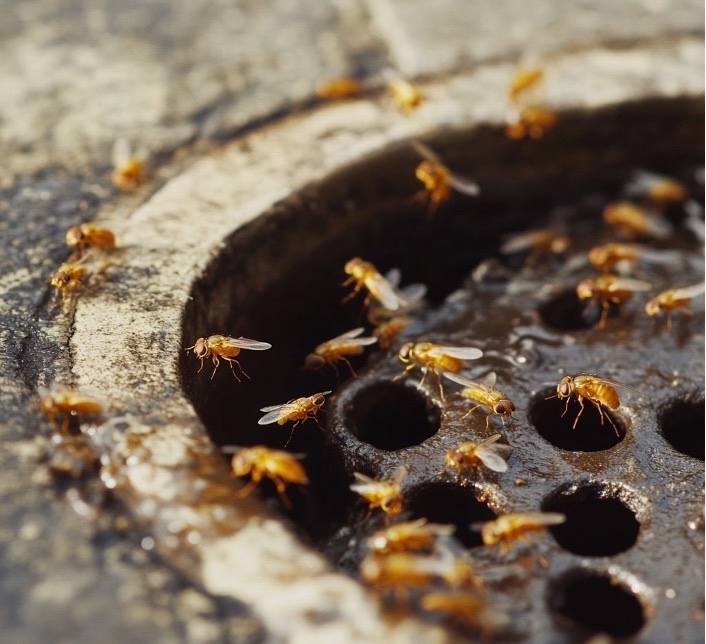 Drain Care Tie to Pest Control - image of flies around a commercial drain