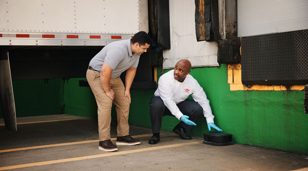 An Orkin Pro discussing the placement of a rodent trap on a loading dock with a customer